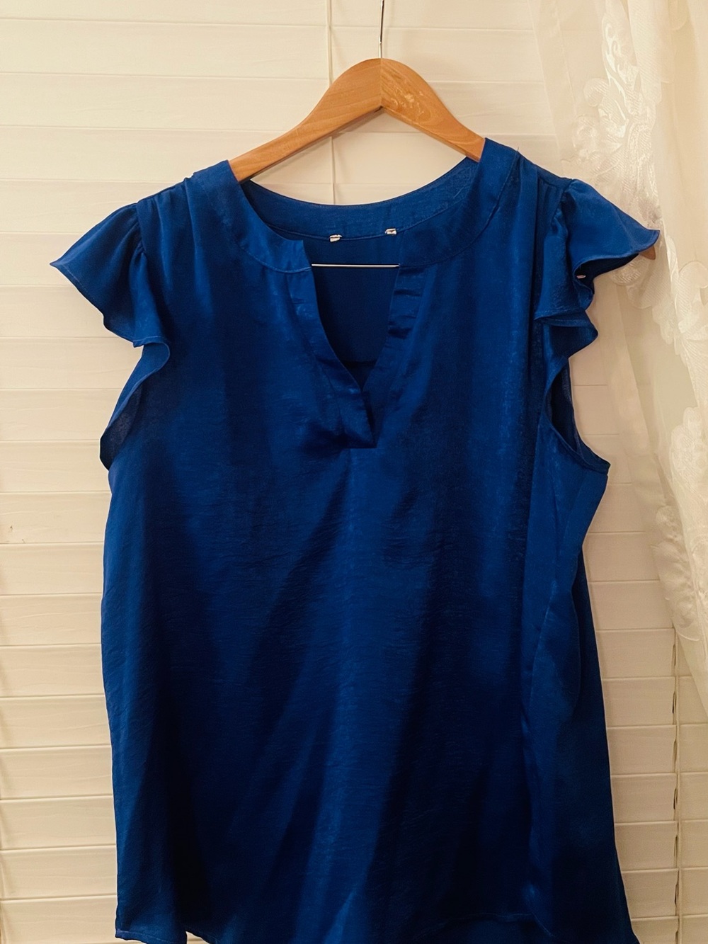 Satin Flutter Sleeve Split-Neck Blouse - Blue